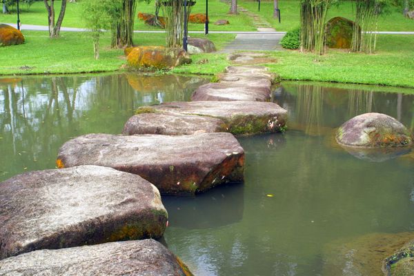 گذرگاه سنگی و دریاچه کوچک در باغ چینی سنگاپور