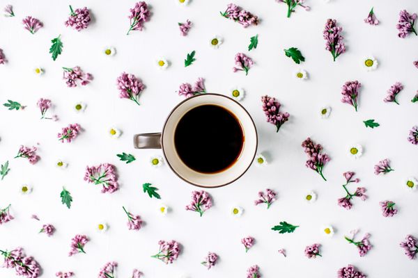 نمای بالای سر فنجان قهوه سیاه و دسته گل بابونه و یاس بنفش جدا شده در پس زمینه سفید تخت خوابیده نمای بالا
