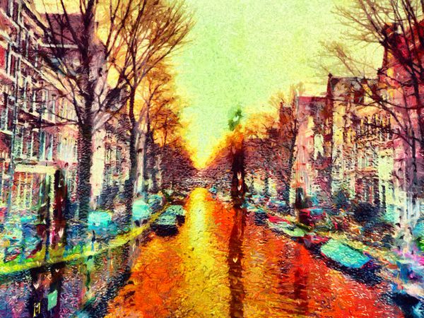 کانال آمستردام از طریق پنجره بارانی قطرات آب نقاشی رنگ روغن