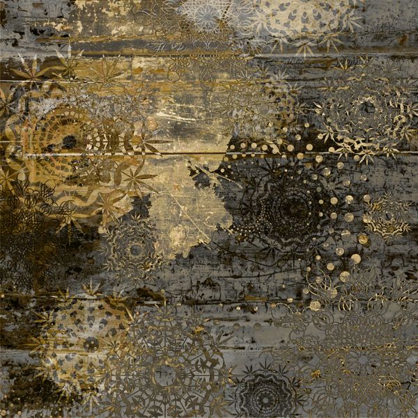 الگوی طلایی قدیمی دماسکی تلطیف شده هنری روی پس‌زمینه بافت‌دار چوبی تک‌رنگ تیره