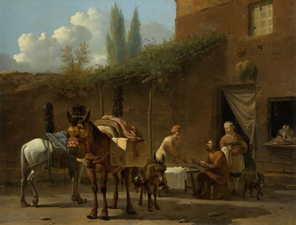 قاطرچیان در مسافرخانه اثر کارل دوژاردین 60-1658 نقاشی هلندی رنگ روغن روی تابلو صحنه ایتالیایی در یک مسافرخانه جایی که مردی که با قاطرهای باردار سفر می کند غذا می خورد یکی از قاطرها دارای سرپوش و پوزه مفصلی است