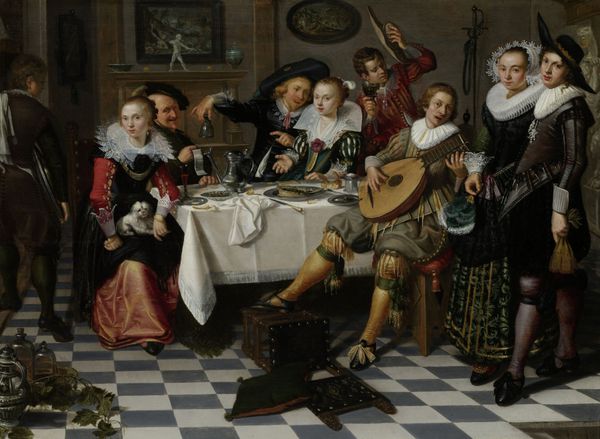 شرکت شاد توسط ایزاک الیاس 1629 نقاشی هلندی روغن روی تابلو فضای داخلی با مهمانی نوشیدنی و شرکت موسیقی در اطراف یک میز چیده شده به حواس پنج گانه اشاره دارد زن با سگ لپ تاگ دوباره