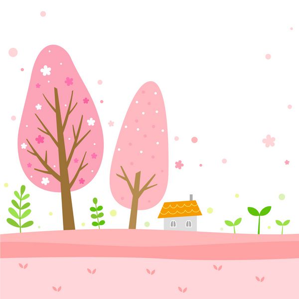 پس زمینه بهاری با درختان شکوفه گیلاس و خانه