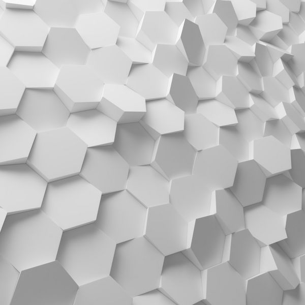 پس زمینه شش ضلعی انتزاعی سفید رندر سه بعدی چند ضلعی های هندسی به عنوان دیوار کاشی اتاق داخلی
