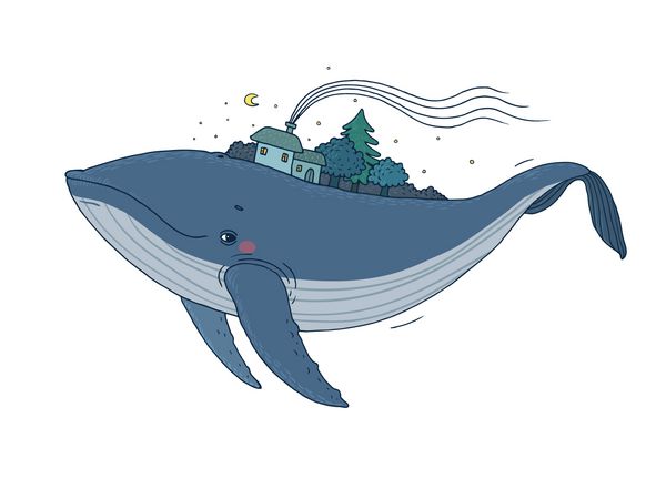 نهنگ بزرگ زیبا با خانه ها و درختان در پشت طراحی دستی اشیاء جدا شده در پس زمینه سفید وکتور حیوانی در دریا و اقیانوس