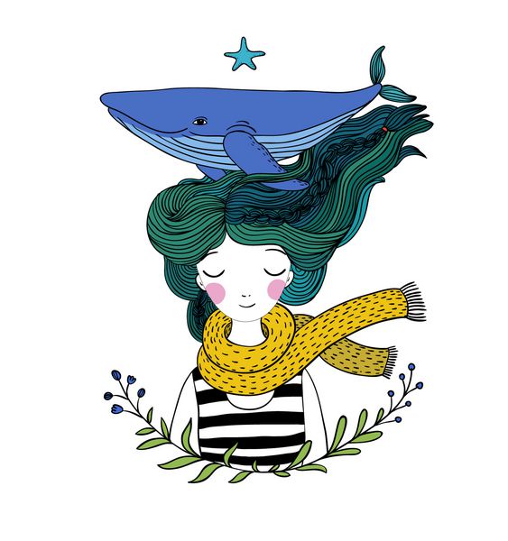 دختر جوان زیبای ملوان با نهنگی در موهایش حیوانات دریایی طراحی دستی اشیاء جدا شده در پس زمینه سفید وکتور