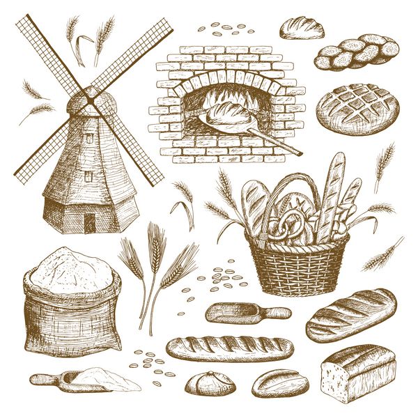 مجموعه تصویرسازی نانوایی دستی وکتور آسیاب بادی تنور نان سبد آرد گندم