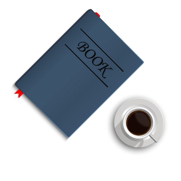 فنجان قهوه واقع گرایانه و یک کتاب جدا شده در پس زمینه سفید تصویر نمای بالا