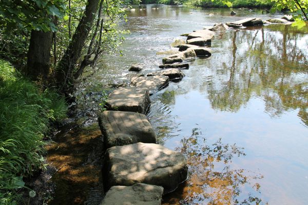 y سنگ های پله ای از رودخانه زیبای روستایی