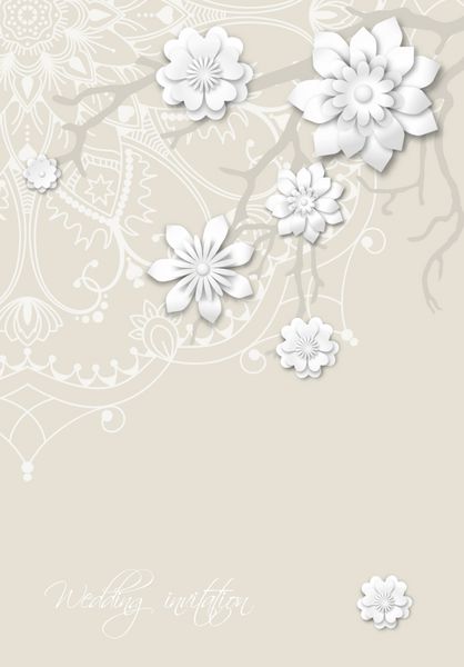 کارت دعوت عروسی عاشقانه با انگیزه ماندالا و شاخه های انتزاعی با تصاویر وکتور گل های سفید سه بعدی
