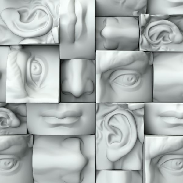 رندر سه بعدی تصاویر دیجیتال بلوک‌های سفید انتزاعی چشم‌ها بینی لب‌ها دهان مجسمه‌سازی آناتومی و جزئیات بخش‌های مجسمه دیوید