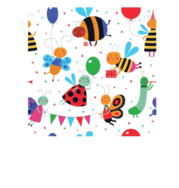 حشرات بامزه مهمانی دارند الگوی بدون درز کارتونی در زمینه سفید برای طراحی کودکانه الگوی بدون درز را می توان برای پس زمینه بافت موج سواری کاغذ دیواری پرکننده های الگو استفاده کرد