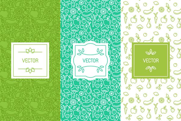 مجموعه وکتور عناصر طراحی الگوهای بدون درز و پس زمینه برای بسته بندی مواد غذایی ارگانیک سالم و گیاهی - برچسب ها و نشان های سبز برای محصولات گیاهی فروشگاه ها و وب سایت ها با کپی sp