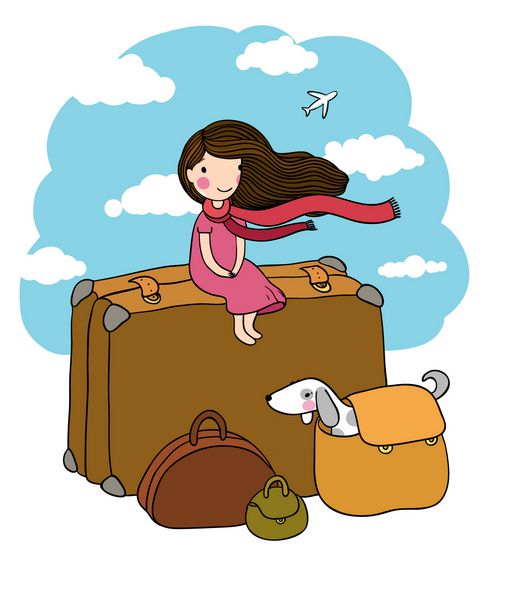 دختر کوچولو و کیف های بزرگ سگ و هواپیما رهگذر طراحی دستی اشیاء جدا شده در پس زمینه سفید وکتور