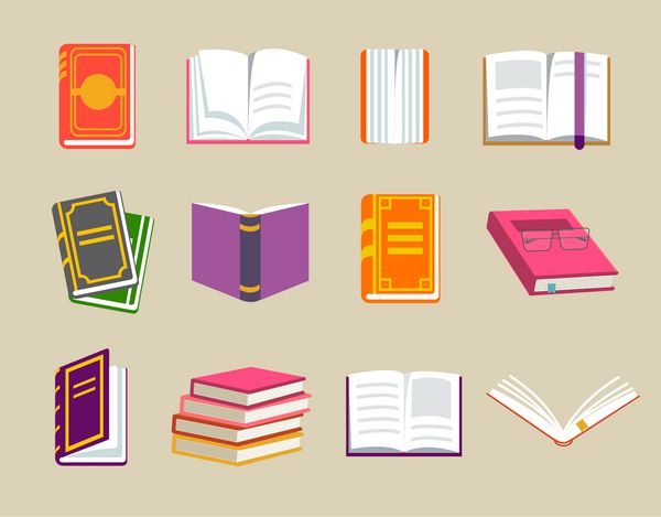 مجموعه آیکون های کتاب های رنگارنگ وکتور یاد بگیرید و مطالعه کنید با شی کتاب باز کتاب بسته آموزش و دانش