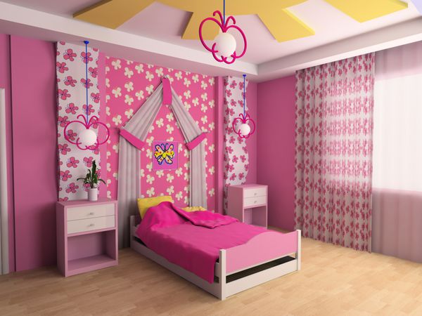 اتاق کودکان صورتی با تصویر سه بعدی تخت
