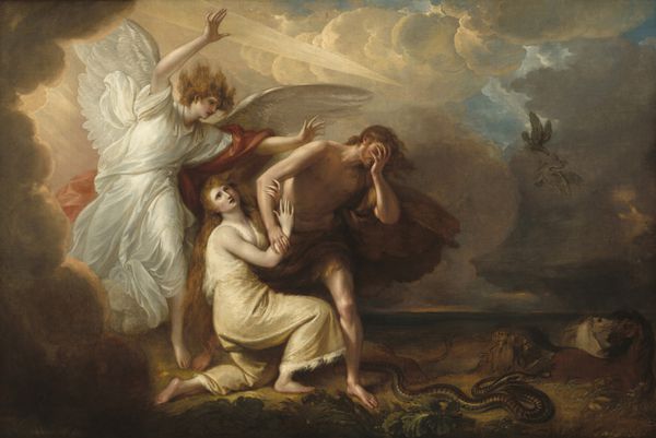اخراج آدم و حوا از بهشت 1791 توسط بنجامین وست توسط نقاشی انگلیسی-آمریکایی رنگ روغن روی بوم فرشته مایکل آدم و حوا را که کتهای پوست می پوشند را از عدن بیرون می کند مار