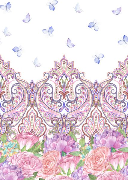 الگوی بدون درز پیزلی با پروانه گل رز گل صد تومانی حاشیه هندی زینتی نقش راه راه تزئینی برای بسته بندی کاغذ دیواری پارچه پارچه