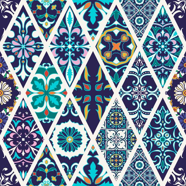 وکتور بافت بدون درز الگوی مگا پچ ورک زیبا برای طراحی و مد با عناصر تزئینی کاشی های پرتغالی آزوله جو تالاورا زیور آلات مراکشی در لوزی