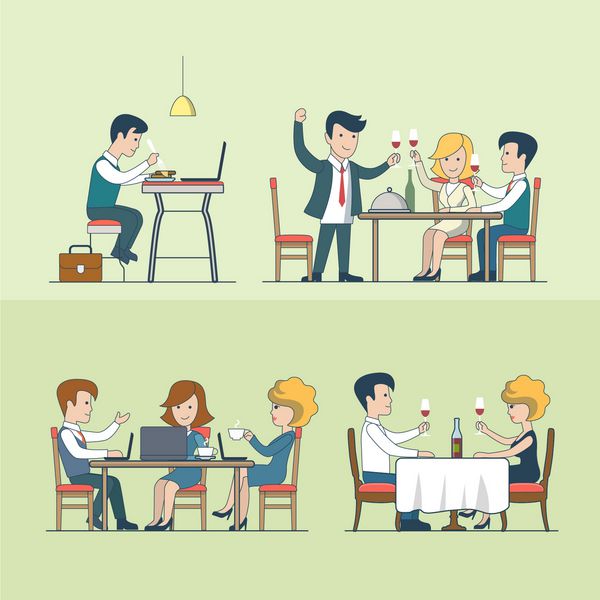 افراد مسطح خطی در مجموعه وکتور رستوران مفهوم غذا و نوشیدنی شام جشن شام ناهار و بازرگانان زنان بازرگان