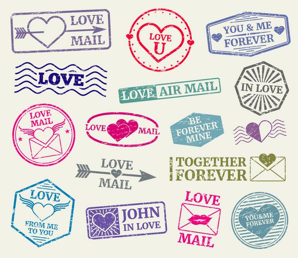 تمبر پستی عاشقانه برای کارت روز نامه های عاشقانه مجموعه ای از مهر و موم لاستیکی برای نامه عشق وکتور