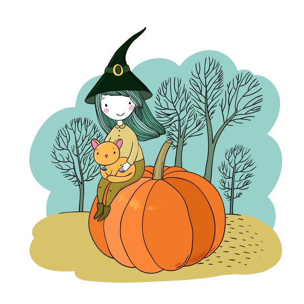 تم پاییز هالووین دختری با کلاه گربه و کدو تنبل درختان بدون برگ طراحی دستی اشیاء جدا شده در پس زمینه سفید وکتور