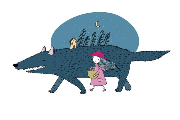 افسانه کلاه قرمزی کوچولو دختر ناز کوچولو و گرگ بزرگ جنگل صنوبر و یک خانه کوچک طراحی دستی اشیاء جدا شده در پس زمینه سفید وکتور