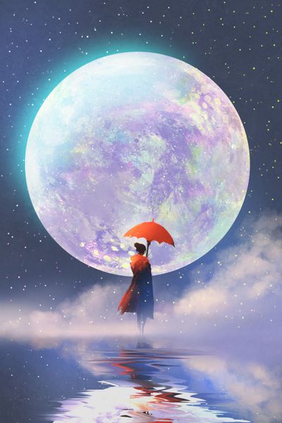زن با چتر قرمز ایستاده روی آب در پس زمینه ماه کامل نقاشی تصویر