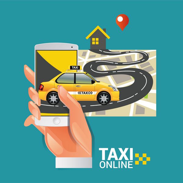 وکتور از مفهوم سرویس تاکسی گوشی هوشمند و صفحه نمایش لمسی با اپلیکیشن تاکسی سرویس