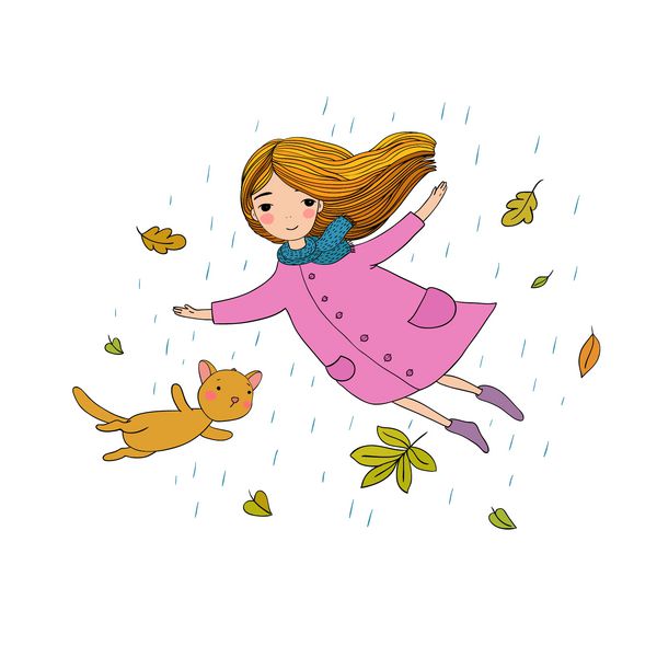 دختر کوچک زیبا و یک گربه کارتونی زیبا که با برگ های خشک پرواز می کند طراحی دستی اشیاء جدا شده در پس زمینه سفید وکتور تم پاییز
