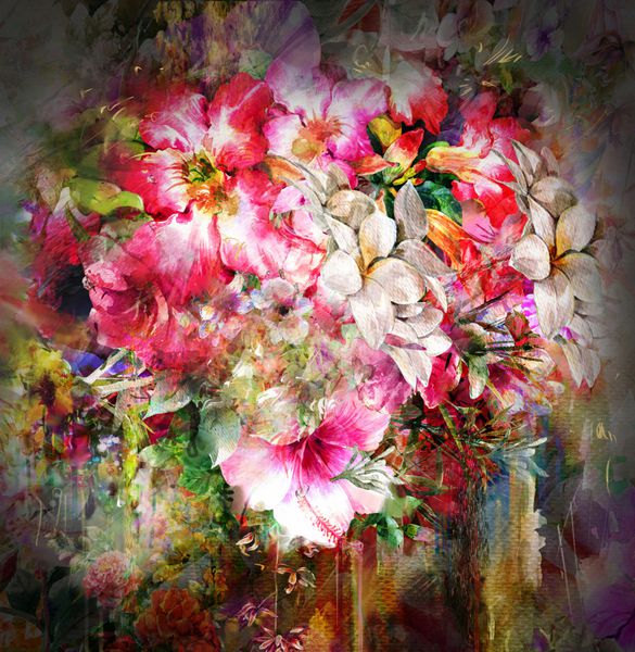 دسته گل های رنگارنگ نقاشی آبرنگ در زمینه تمام رنگی