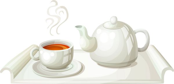 قوری سفید و فنجان چای نماد وکتور کارتونی جدا شده در پس زمینه سفید