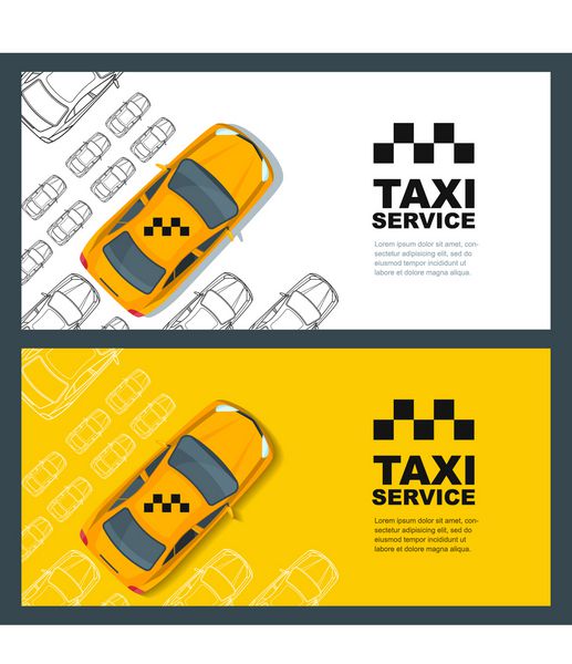 مجموعه وکتور بنر تاکسی سرویس بروشور قالب طرح پوستر مفهوم تاکسی تماس بگیرید تاکسی زرد تاکسی و طرح کلی اتومبیل های جدا شده در پس زمینه سفید و زرد