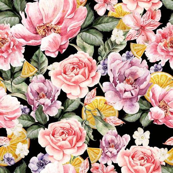 الگوی بدون درز با گل های آبرنگ گل صد تومانی شقایق مرکبات و گل رز تصویر