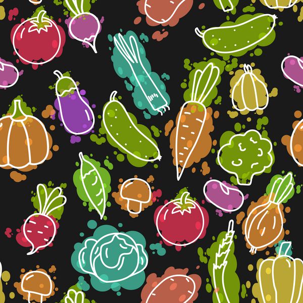 سبزیجات روی لکه های رنگی شبه آبرنگ الگوی بدون درز تصویر سبزیجات با خطوط سفید در پس زمینه سیاه پس زمینه مفهومی برای تم آشپزخانه