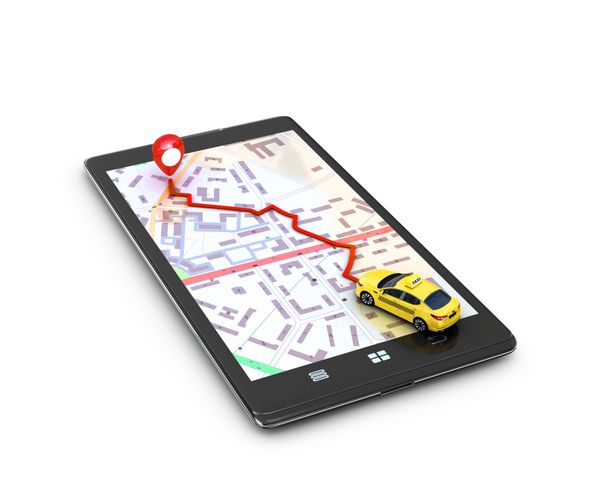 مفهوم موتورهای جستجو برنامه نویسی GPS بر روی تلفن همراه تاکسی زرد روی نقشه جی پی اس حرکت تلفن همراه به سمت هدف تصویر سه بعدی