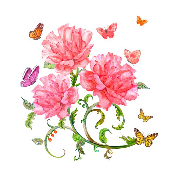 کارت دعوت با گل رز و پروانه نقاشی آبرنگ