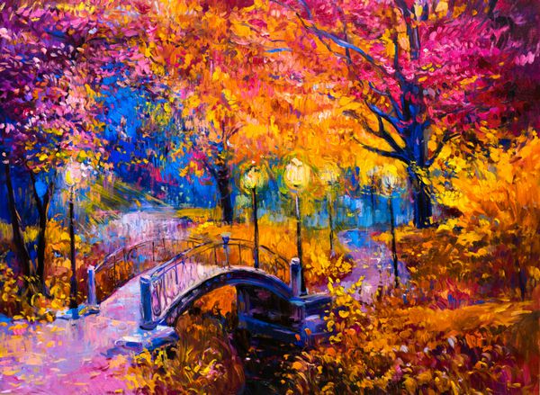نقاشی اصلی رنگ روغن روی بوم - نقاشی رنگارنگ پاییزی - امپرسیونیسم مدرن
