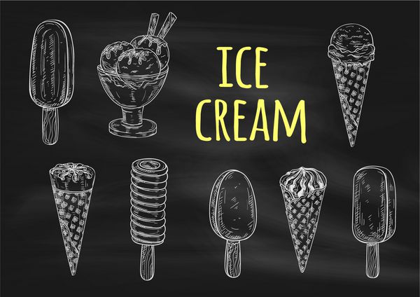 نمادهای طرح گچ بستنی روی تخته سیاه وکتور اسکوپ بستنی دسر در مخروط وافل پای اسکیمو لجن یخ منجمد شربت ژلاتو سوند برای منوی کافه یا رستوران طراحی دکوراسیون