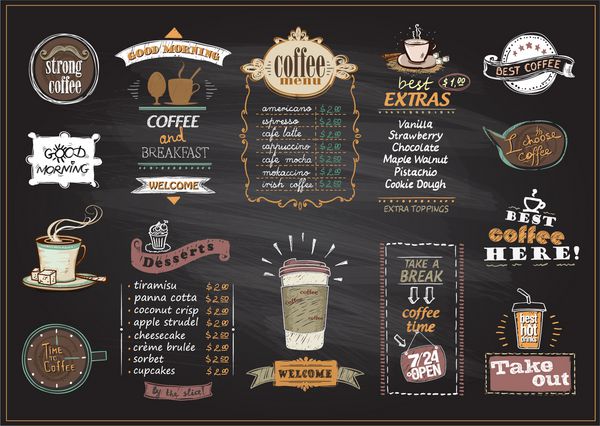 لیست طرح های منو قهوه و دسر تخته سیاه برای کافه یا رستوران بهترین قهوه صبح بخیر خوش آمدید برداشتن مجموعه مفاهیم کپی sp برای متن تصویر کشیده شده با دست