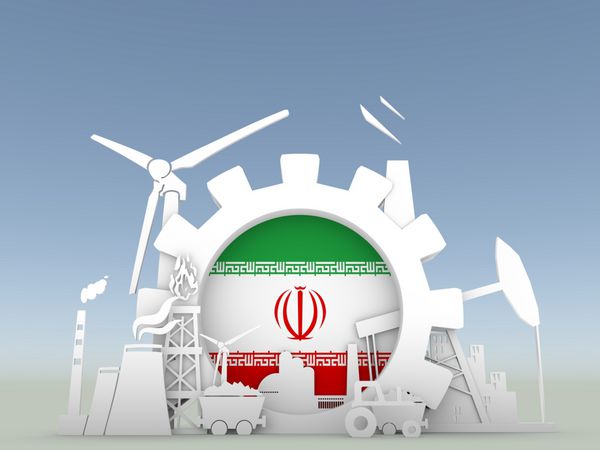 نمادهای انرژی و نیرو با پرچم ایران تنظیم شده است تولید انرژی پایدار و صنایع سنگین رندر سه بعدی