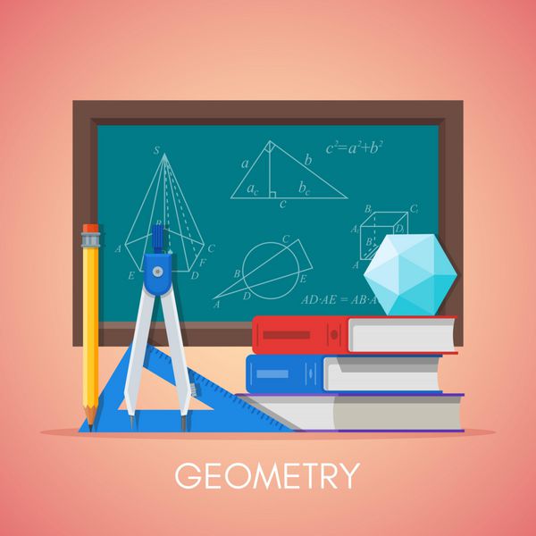 پوستر مفهومی آموزش علوم هندسه در طراحی فلت نمادهای هندسی و ریاضی روی تخته سیاه مدرسه