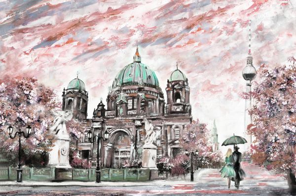 نقاشی رنگ روغن روی بوم نمای خیابان برلین آثار هنری منظره اروپایی به رنگ قهوه ای سبز و صورتی زن و مرد زیر چتر درختان برج کلیسای جامع