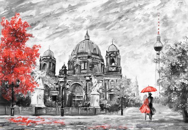 نقاشی رنگ روغن روی بوم نمای خیابان برلین آثار هنری منظره اروپایی در رنگ های سیاه سفید و قرمز زن و مرد زیر چتر درختان برج کلیسای جامع