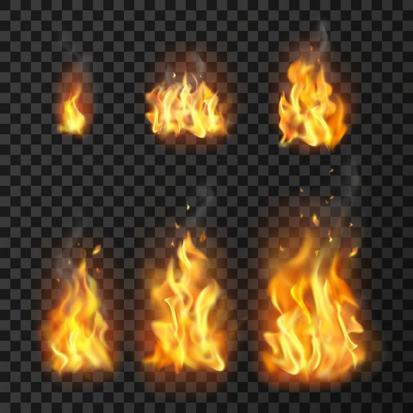 مجموعه ای از شعله های آتش واقعی در اندازه های مختلف با جرقه در وکتور جدا شده از پس زمینه شفاف