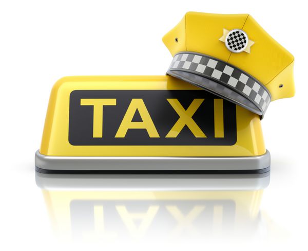کلاه زرد راننده تاکسی روی تابلوی سقف ماشین تاکسی - تصویر سه بعدی
