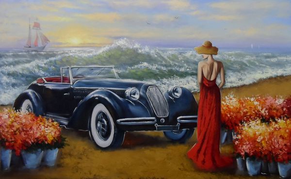 ماشین و دختر نقاشی گل دریا اقیانوس عاشقانه