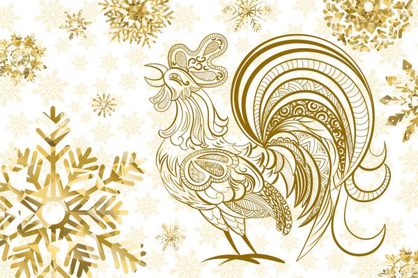 پس زمینه سال نو نماد خروس 2017 در تقویم چینی خروس طلایی و دانه های برف در پس زمینه سفید وکتور