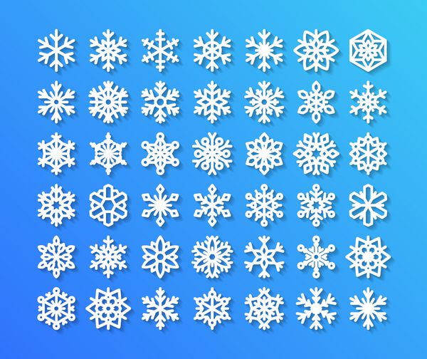 مجموعه دانه های برف زیبا جدا شده در پس زمینه آبی نمادهای مسطح از پوسته های برف شبح