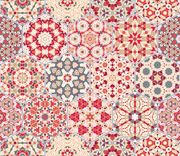 کاشی های الگوی بدون درز انتزاعی مجموعه وکتور رنگارنگ از عناصر شش ضلعی برای طراحی کاغذ دیواری پارچه یا کاغذ کادو